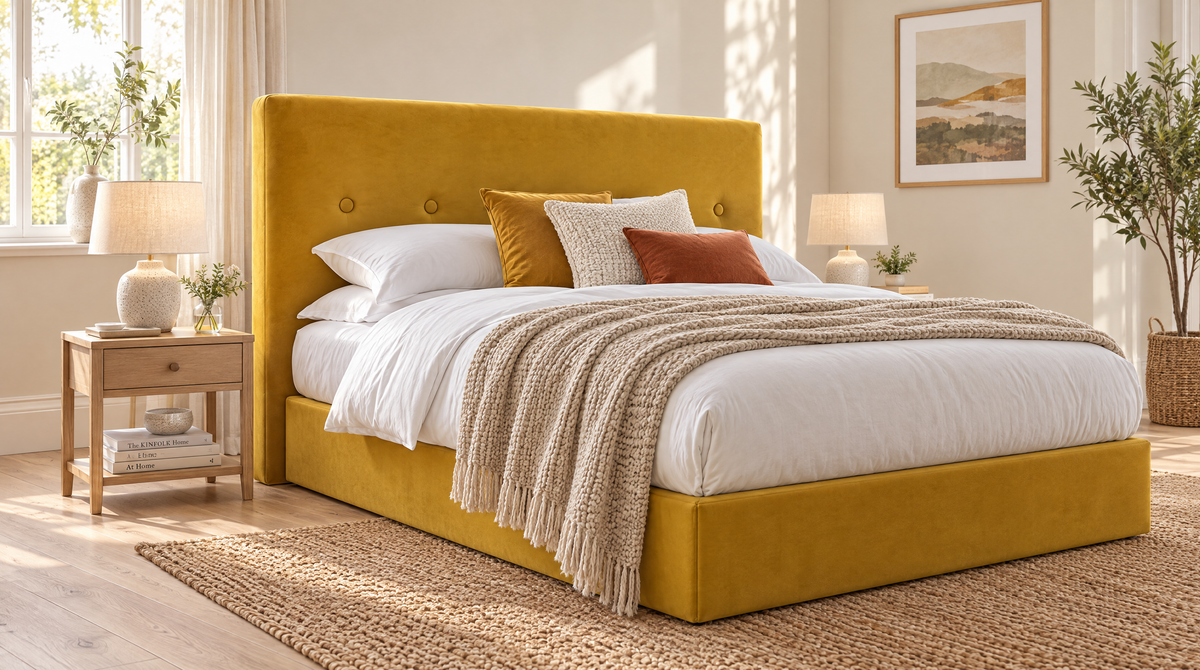 Malmo floor standing Headboard in mustard velvet on a Motion Beds bed