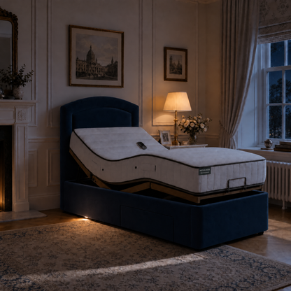 The Wentworth massage bed base in navy by evening light