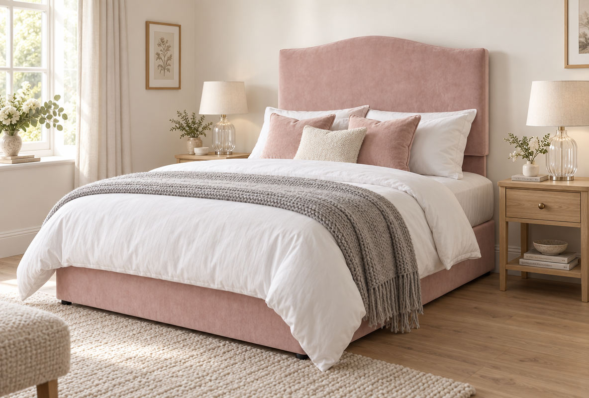 Lawrence Headboard in blush pink velvet on a Motion Beds bed