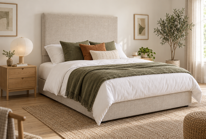 Ealing Headboard in oatmeal linen weave on a Motion Beds bed