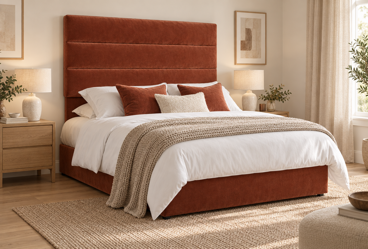 Soho Headboard in terracotta velvet on a Motion Beds bed