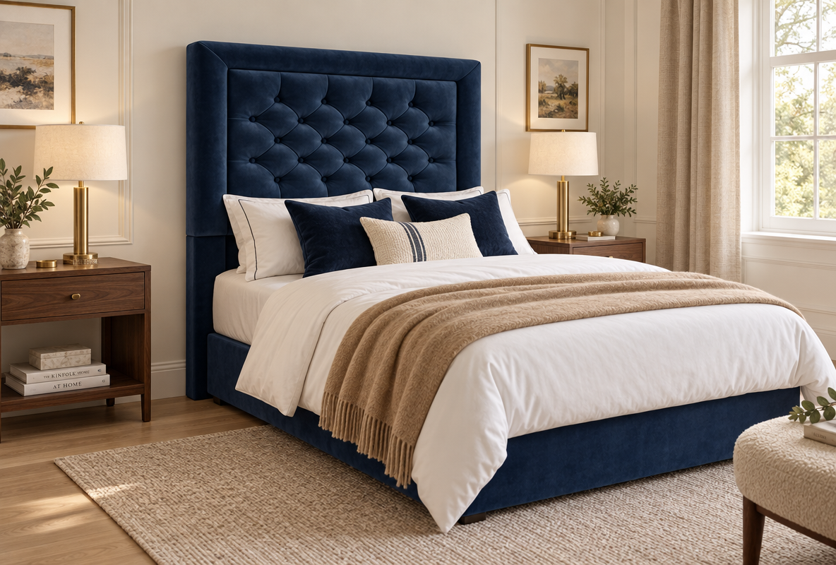 Penzance Headboard in midnight navy velvet on a Motion Beds bed
