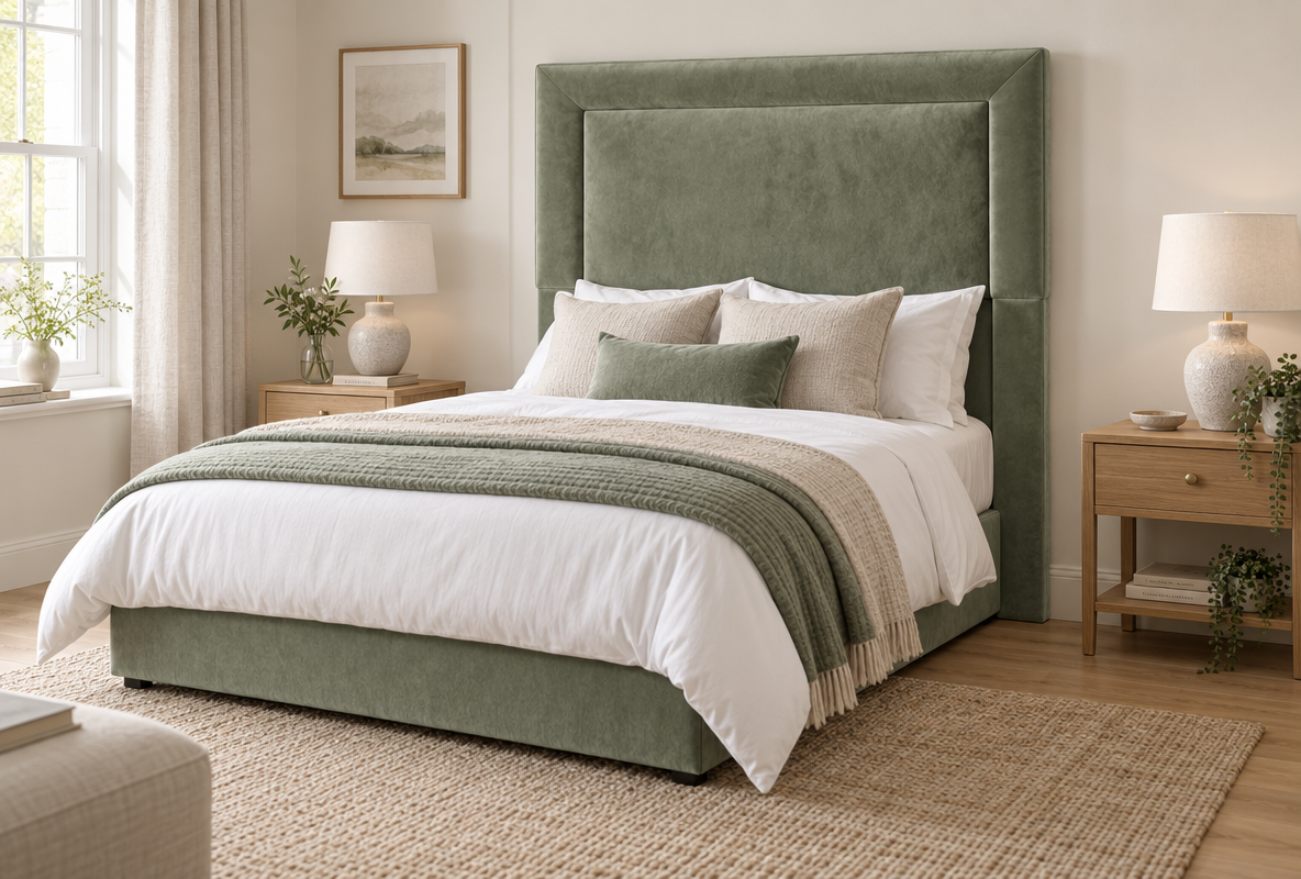 Littleton Headboard in sage green velvet on a Motion Beds bed