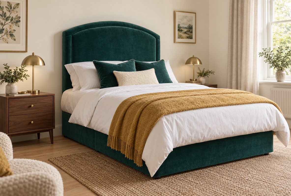 Harrow Headboard in teal velvet on a Motion Beds bed